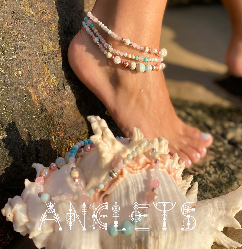 crystal beaded Anklets hand crafted with freshwater pearls and natural crystal beads artisan crafted in Byron Bay Australia by Kylee Joy