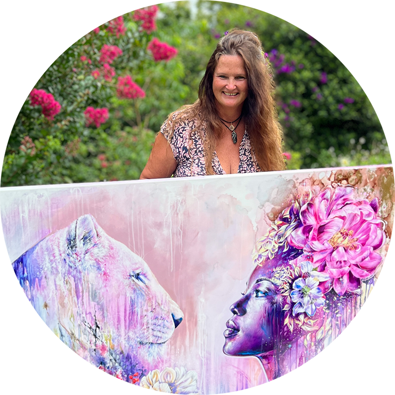 Kylee Joy, Visionary Artist living on Bunjalung Country in the Byron Bay Hinterland. Painting of Peony flowers and a Lioness gazing into the eyes of a women