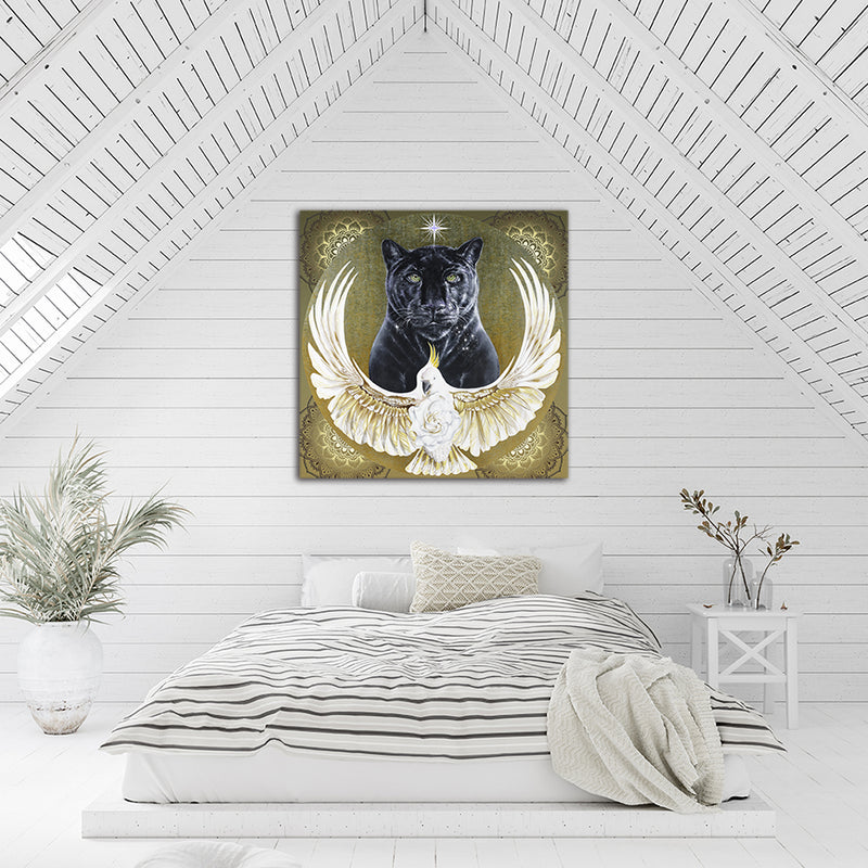 giclee print by visionary Artist Kylee Joy from Byron Bay, Painting of a white cockatoo and a black panther, title Two Worlds Coming Together