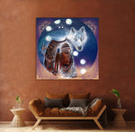 giclee print by visionary Artist Kylee Joy from Byron Bay, Painting of a women and a wolf, title Guided by great spirit