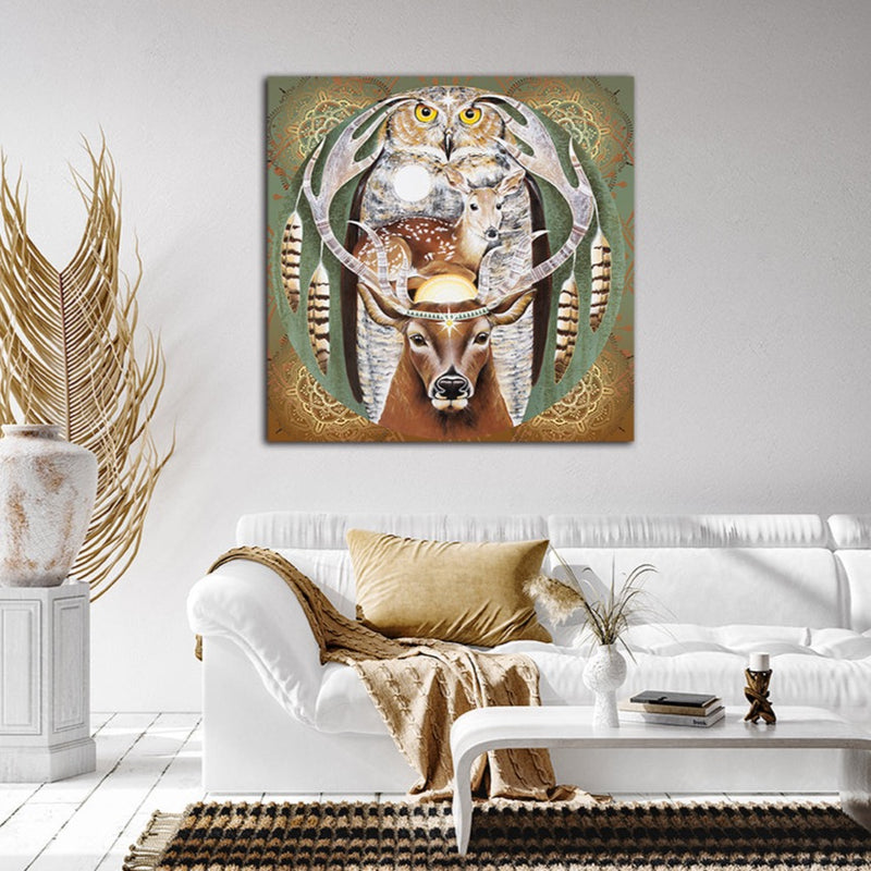giclee print by visionary Artist Kylee Joy from Byron Bay, Painting of an Elk with a baby deer and an owl, title Heart of a shaman