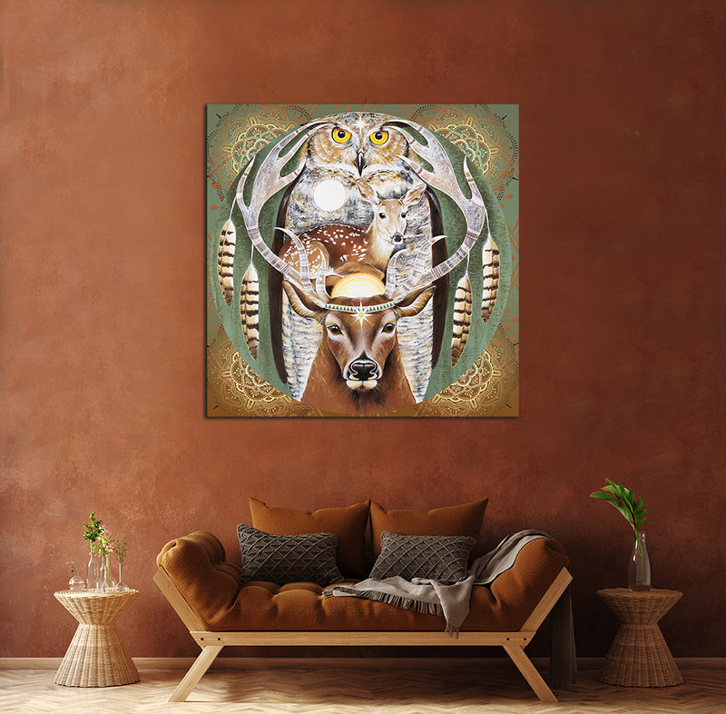 giclee print by visionary Artist Kylee Joy from Byron Bay, Painting of an Elk with a baby deer and an owl, title Heart of a shaman  Edit alt text