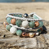Stack of two artisan crafted natural crystal and lava stone beaded bracelet. Suitable for diffusing essential oils such as young living or Doterra. Handmade in Byron Bay. Great gift for  women. Features Ocean jasper & Amazonite crystals and freshwater pearls.