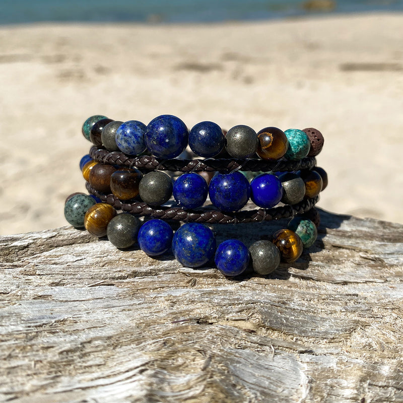 Artisan Crafted Natural Stone Leather Wrap bracelet stack of 3 handmade in Byron Bay. Features Natural Lapis Lazuli, Tiger Eye, African Turquoise, Pyrite and Lava Stone beads.