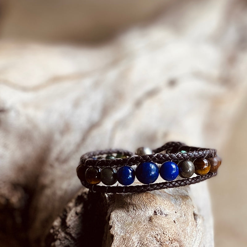 Artisan Crafted Natural Stone bracelet handmade in Byron Bay. Features Natural Lapis Lazuli, Tiger Eye, African Turquoise, Pyrite and Lava Stone beads.