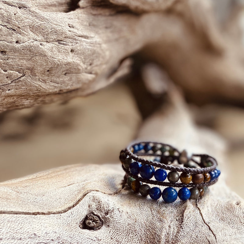 Artisan Crafted Natural Stone bracelet handmade in Byron Bay. Features Natural Lapis Lazuli, Tiger Eye, African Turquoise, Pyrite and Lava Stone beads.