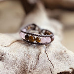 Artisan Crafted Natural Stone leather wrap bracelet, handmade in Byron Bay. Features natural Tiger Eye, Rose Quartz, Freshwater Pearl, Hematite, and Lava Stone beads.