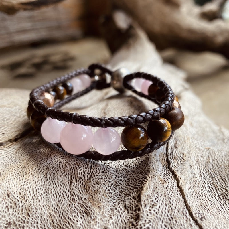Artisan Crafted Natural Stone leather wrap bracelet, handmade in Byron Bay. Features natural Tiger Eye, Rose Quartz, Freshwater Pearl, Hematite, and Lava Stone beads.