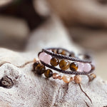 Artisan Crafted Natural Stone bracelet stack of three, handmade in Byron Bay. Features natural Tiger Eye, Rose Quartz, Freshwater Pearl, Hematite, and Lava Stone beads.