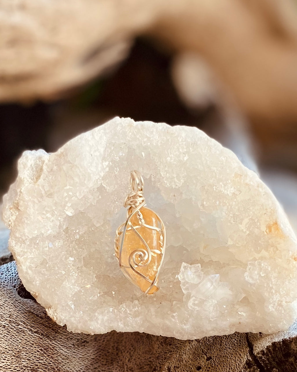 Artisan crafted natural Citrine pendant necklace handmade in Byron Bay. Wrapped in fine silver-plated copper wire.