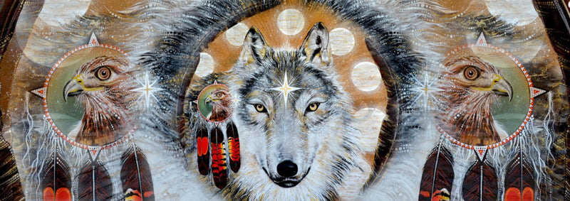 Wearable art pure silk scarf by Kylee Joy. Wolf totem, shamanic art.