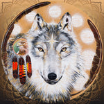giclee print by visionary Artist Kylee Joy from Byron Bay, Painting of a wolf and star with Red tailed black cockatoo feathers and a hawk