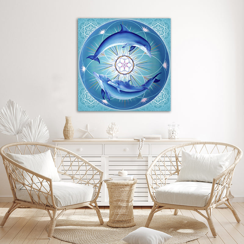 giclee print by visionary Artist Kylee Joy from Byron Bay, Painting of 3 dolphins around the flower of life mandala