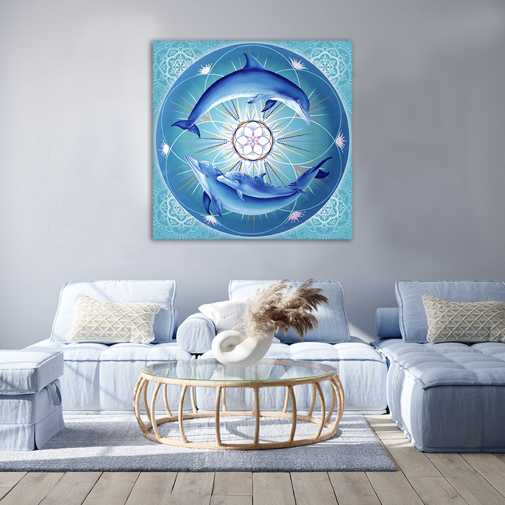 giclee print by visionary Artist Kylee Joy from Byron Bay, Painting of 3 dolphins around the flower of life mandala