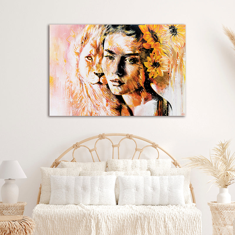 giclee print by visionary Artist Kylee Joy from Byron Bay, Painting of a women and a lion and sunflowers , titled Divine Union