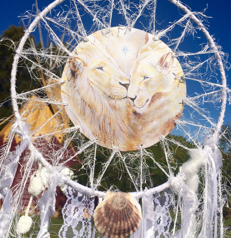 White Lions SpiritArt Mandala, Dreamcatcher, Animal Totem, Spirit Guide, Unique Visionary Art, Dreamtime, Dream Catchers, Soulful Home Decor