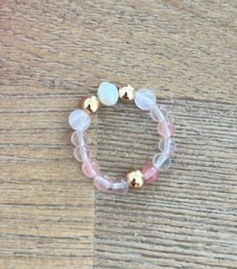 Freshwater Pearl & Rose Quartz Gold Elastic Ring