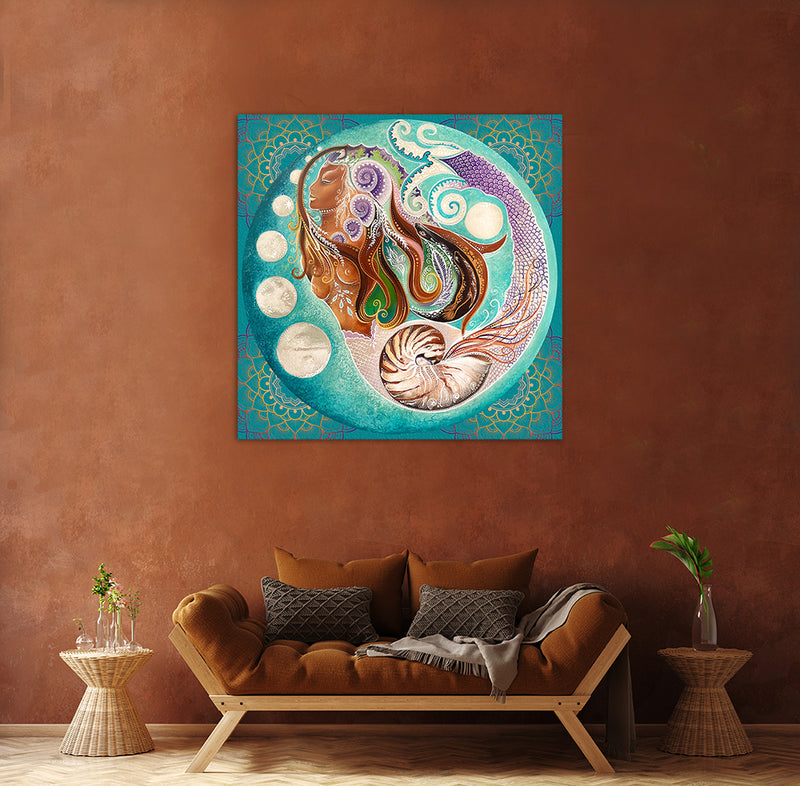 giclee print by visionary Artist Kylee Joy from Byron Bay, Painting of a mermaid, and a nautilus shell, title goddess of the seas