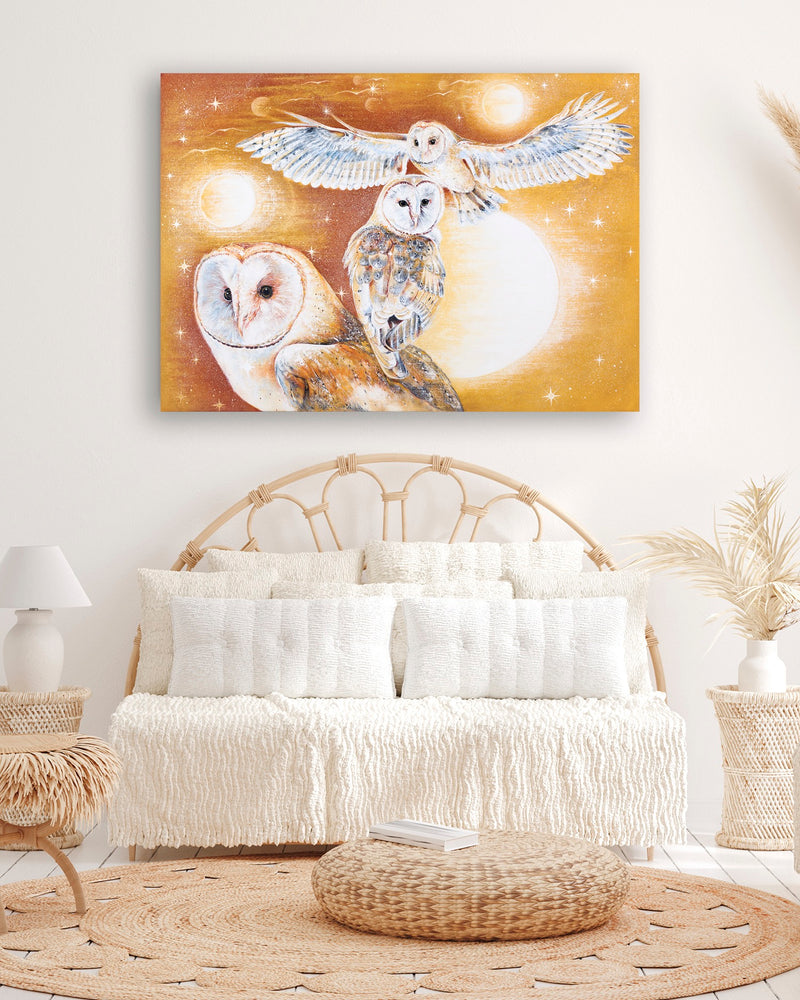"MOONLIGHT SYMPHONY" A trio of Barn Owls and the Celestial Ballet.