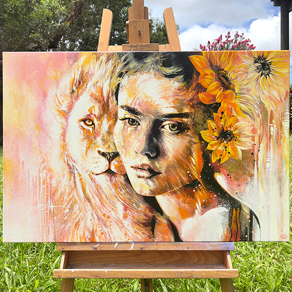giclee print by visionary Artist Kylee Joy from Byron Bay, Painting of a women and a lion and sunflowers , titled Divine Union 