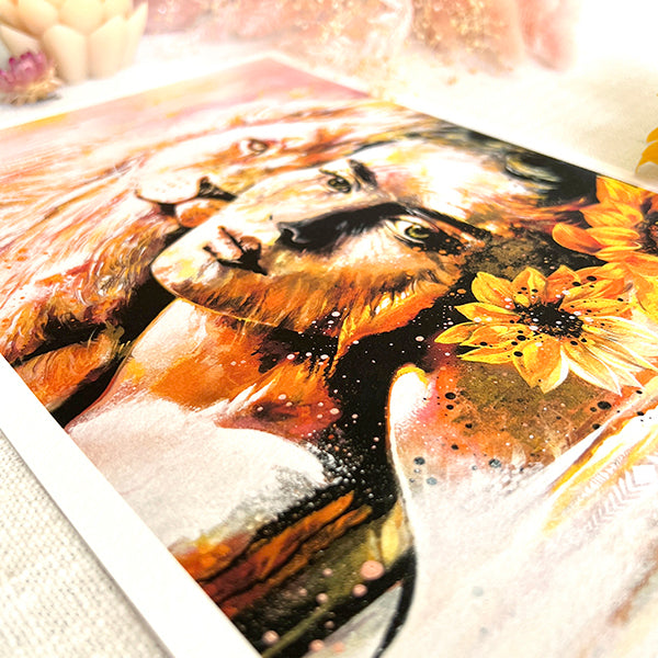 giclee print by visionary Artist Kylee Joy from Byron Bay, Painting of a women and a lion and sunflowers , titled Divine Union  