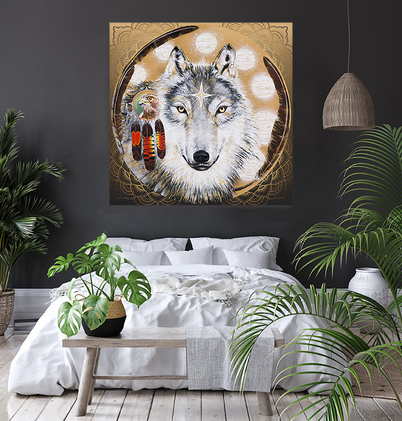 giclee print by visionary Artist Kylee Joy from Byron Bay, Painting of a wolf and star with Red tailed black cockatoo feathers and a hawk