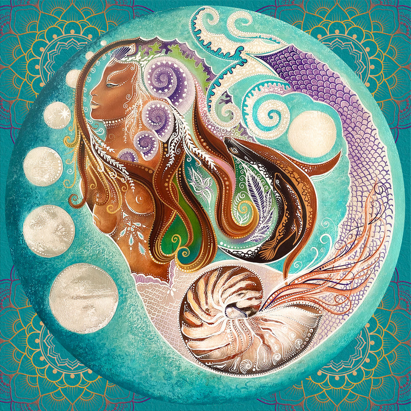 giclee print by visionary Artist Kylee Joy from Byron Bay, Painting of a mermaid, and a nautilus shell, title goddess of the seas