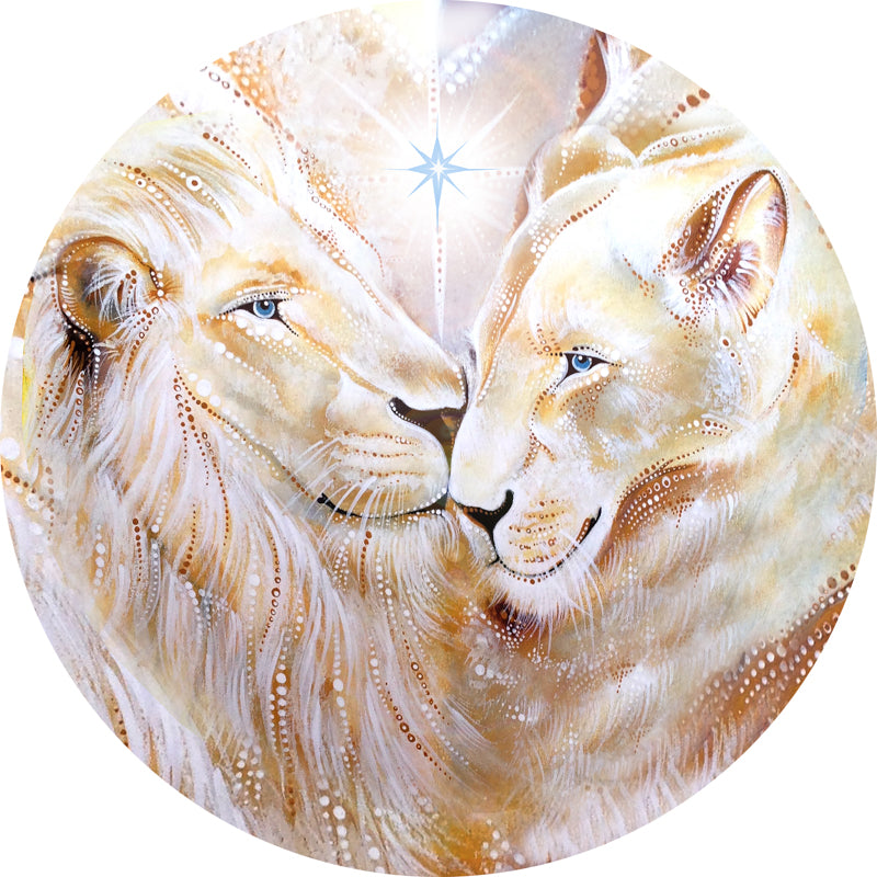 Artwork by Kylee Joy depicting two white lions with the star Sirius overhead
